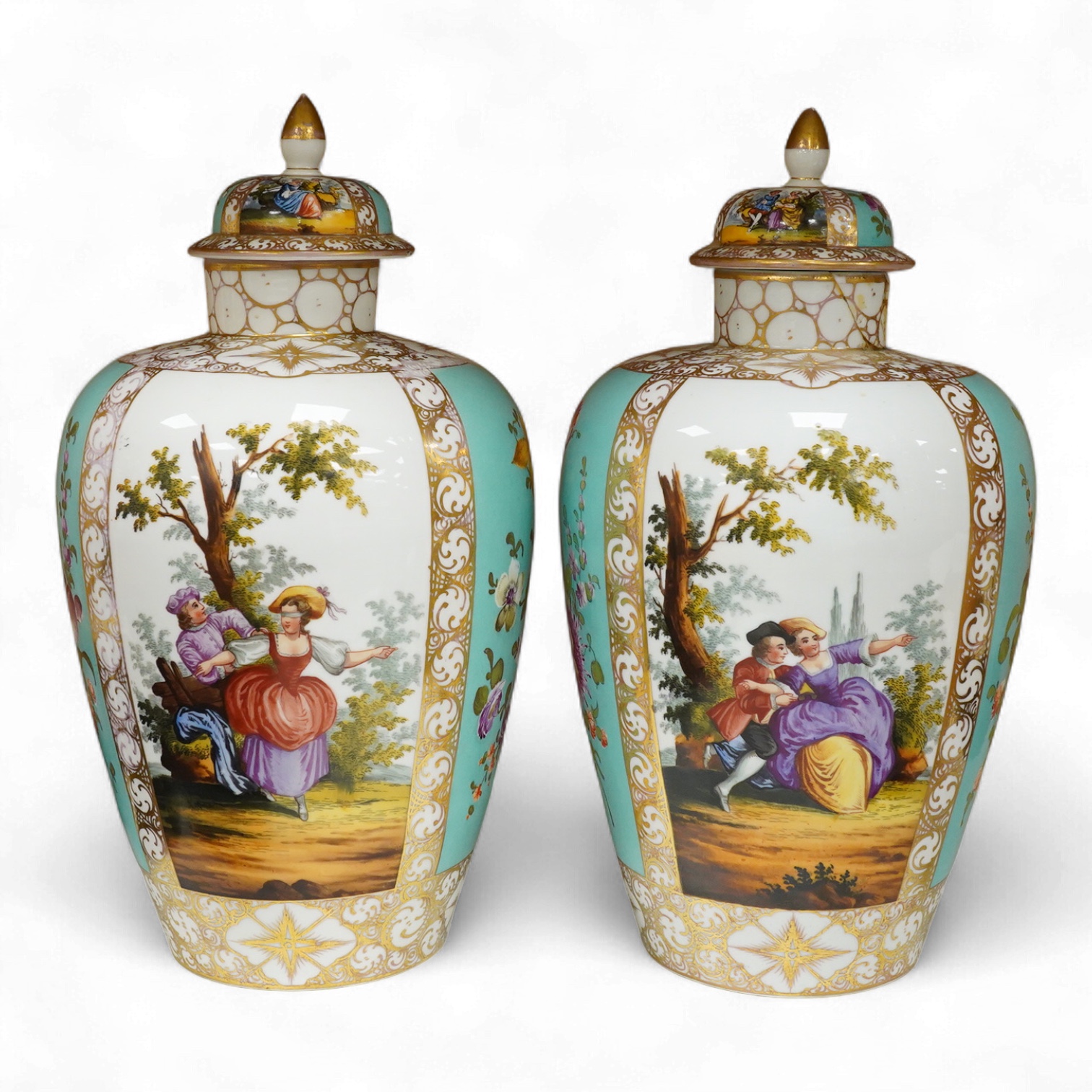 A pair of late 19th century Dresden vases and covers decorated by Helena Wolfsohn, one with damage, 34cm high